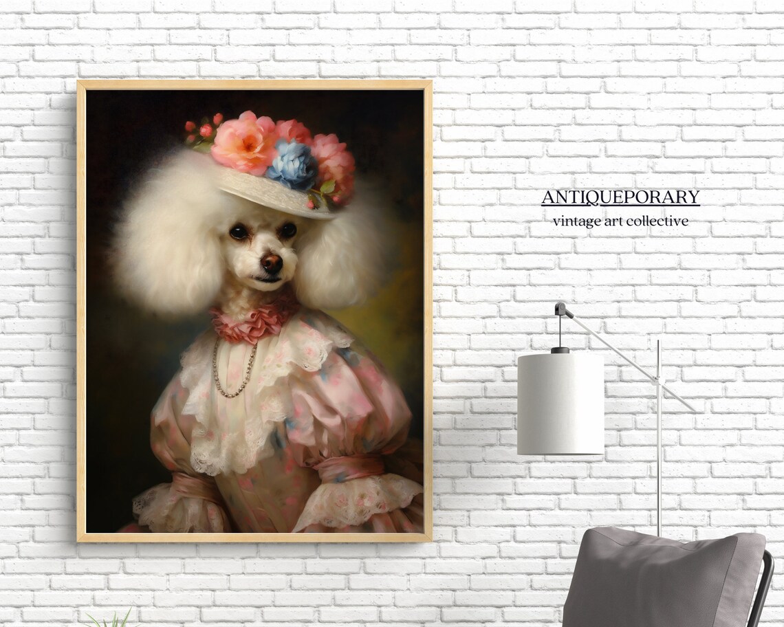 Poodle Lady in Pink Floral Dress and Rose Hat Portrait Poster - Image 6