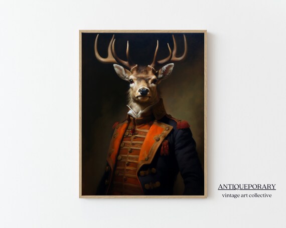 Victorian Animals Portrait Royal Deer Vintage Print Renaissance Animal Painting Dark Moody Animal Poster Altered Art Animal Lover Gift