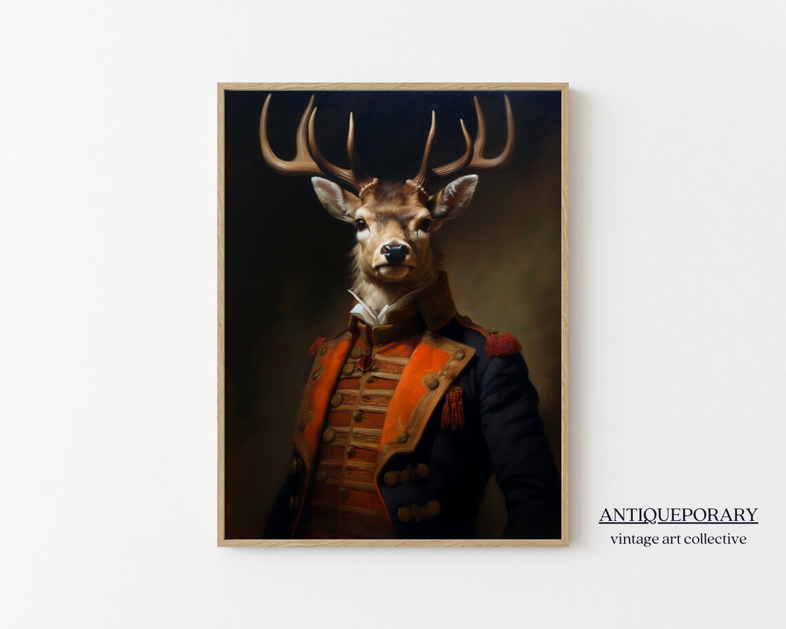 Victorian Animals Portrait Royal Deer Vintage Print Renaissance Animal Painting Dark Moody Animal Poster Altered Art Animal Lover Gift
