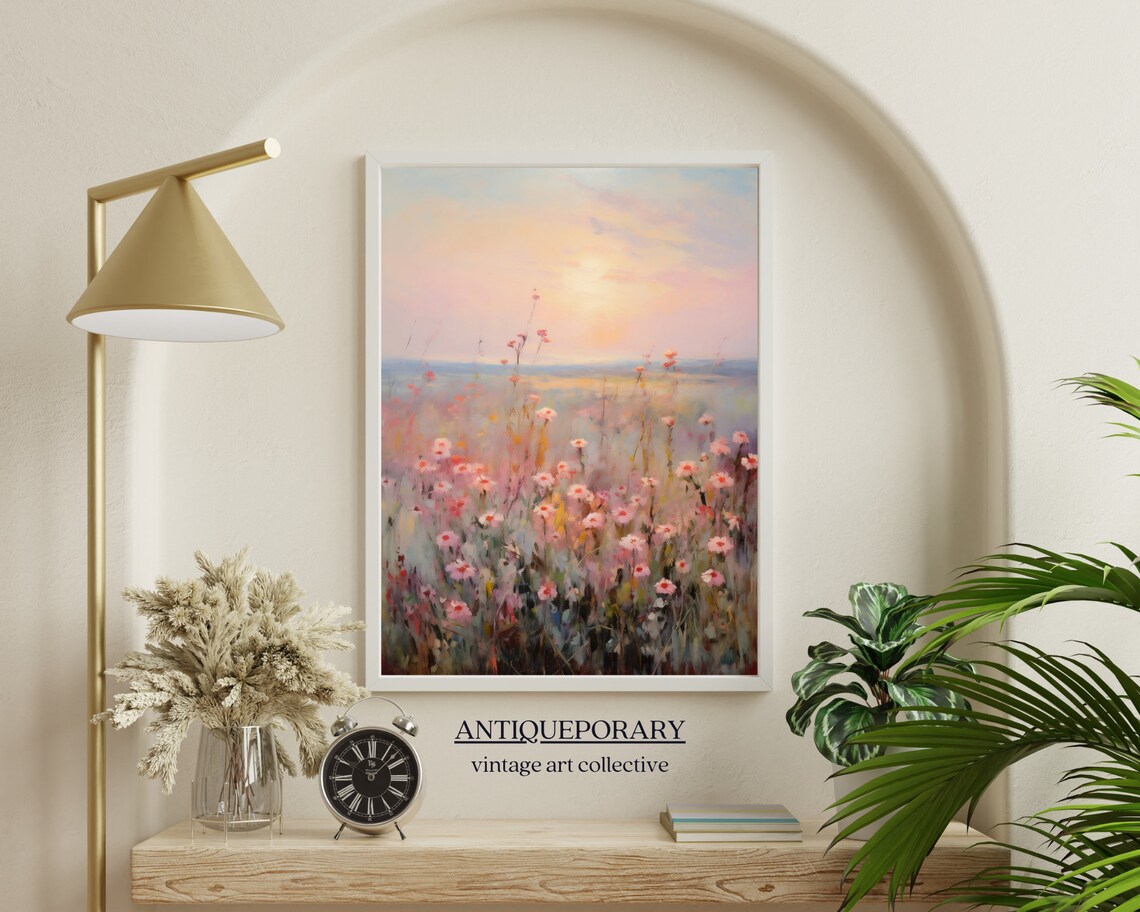 Pink Wildflowers at Sunset Dreamy Pastel Field Vintage Painting Poster - Image 4