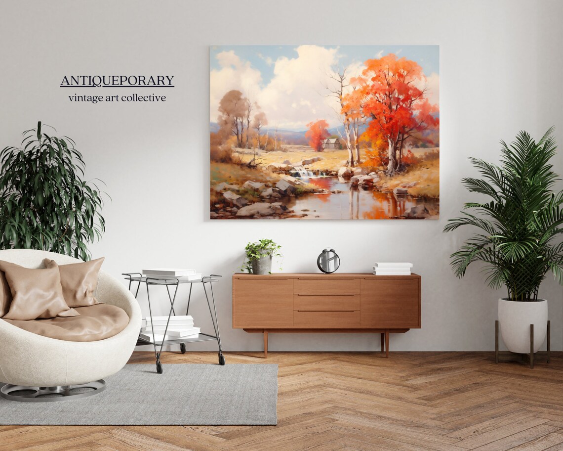 Autumn Creek Landscape with Red Trees Waterfall and Barn Poster - Image 7