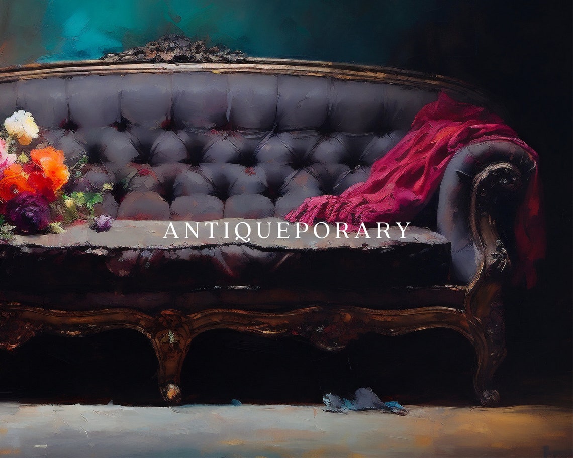 Victorian Tufted Sofa with Flowers and Red Shawl Still Life Poster - Image 2