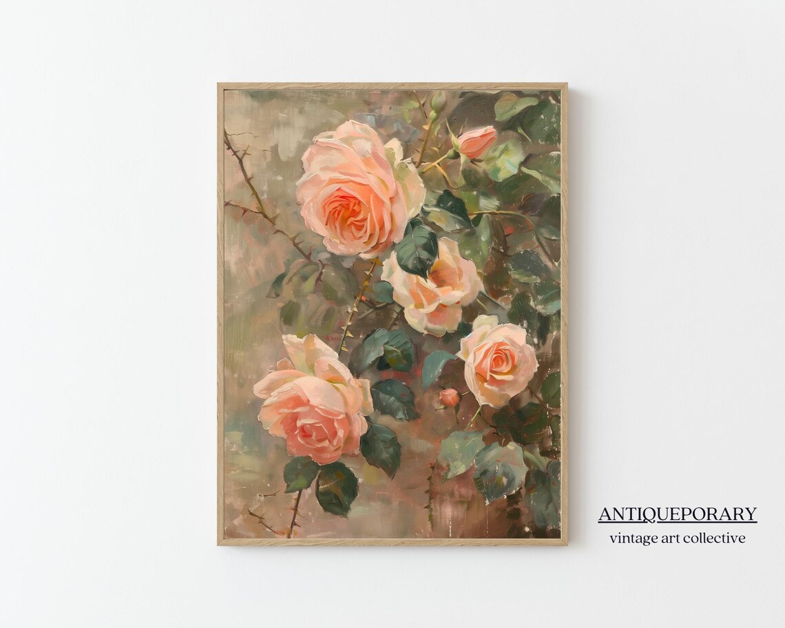Blush Pink Roses Vintage Floral Oil Painting Soft Botanical Art Poster