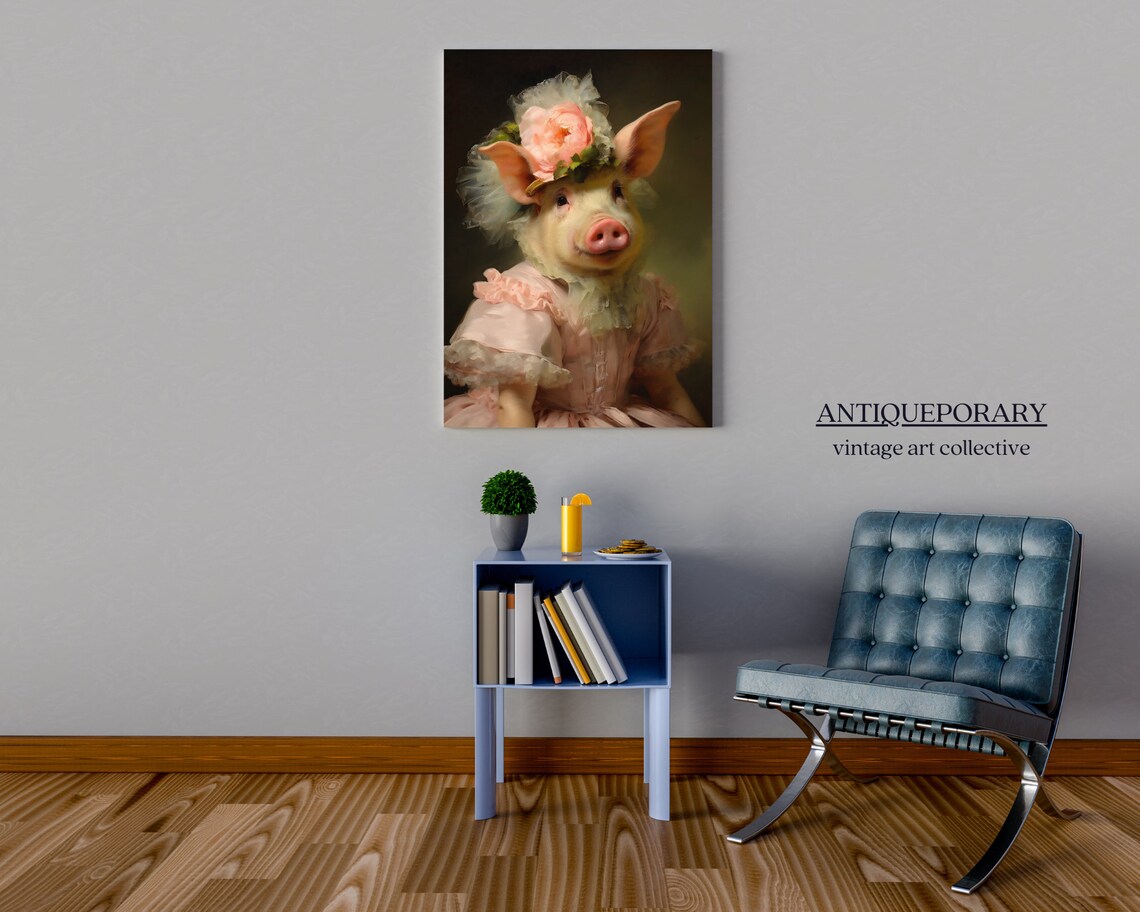 Adorable Pig Lady in Pink Dress with Rose Headpiece Portrait Poster - Image 2