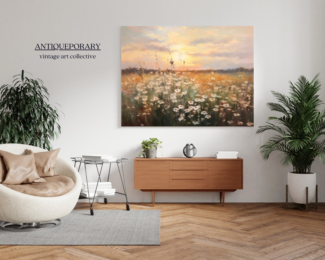 Wildflower Field Landscape Oil Painting Vintage Sunset Landscape Art Print White Flowers Field Art Nature Art - Image 3
