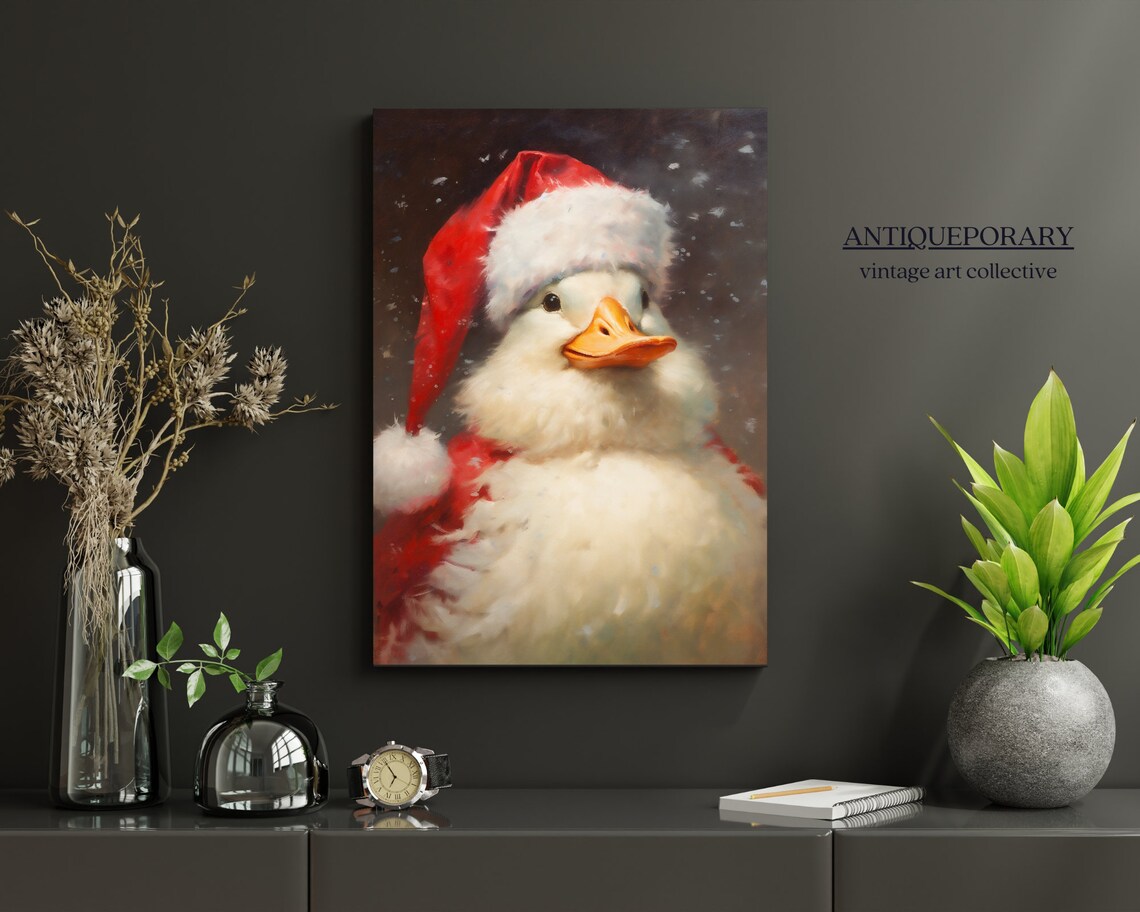 Festive Duck in Santa Hat Snowy Christmas Holiday Portrait Poster - Image 6