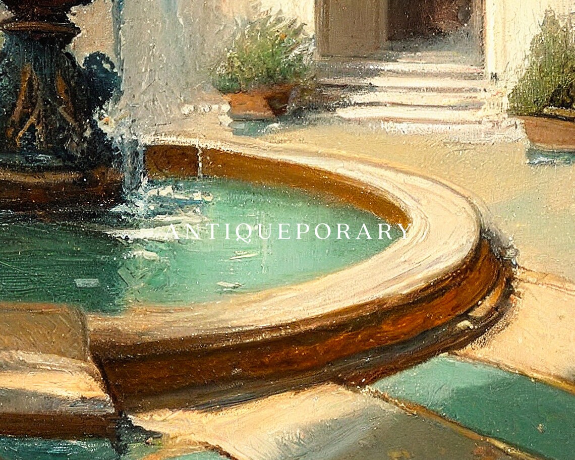 Sunlit European Courtyard Fountain Old Town Travel Painting Poster - Image 2