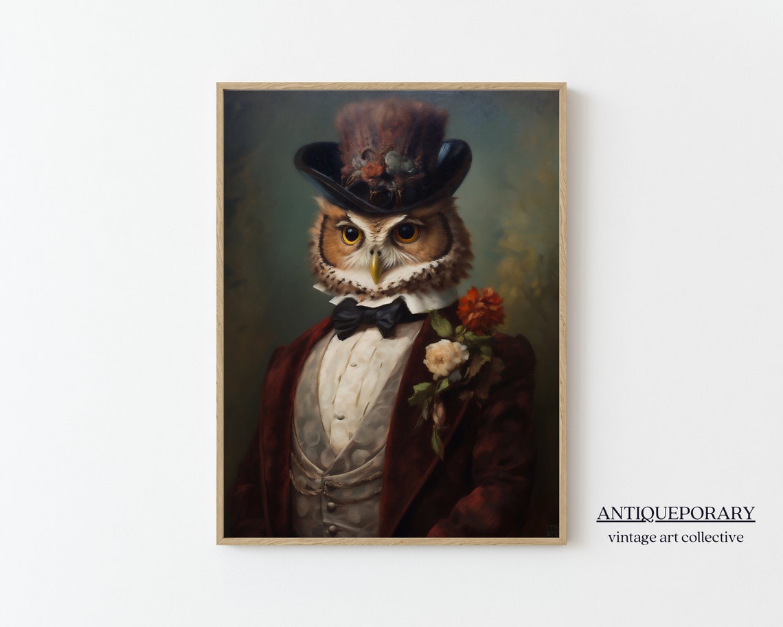 Owl Gentleman in Feathered Top Hat Bow Tie and Red Coat Poster