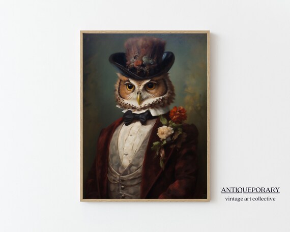 Victorian Animals Portrait Royal Owl Vintage Print Dressed Animal Print Renaissance Animal Art Dark Moody Altered Art Animal Lover Gift