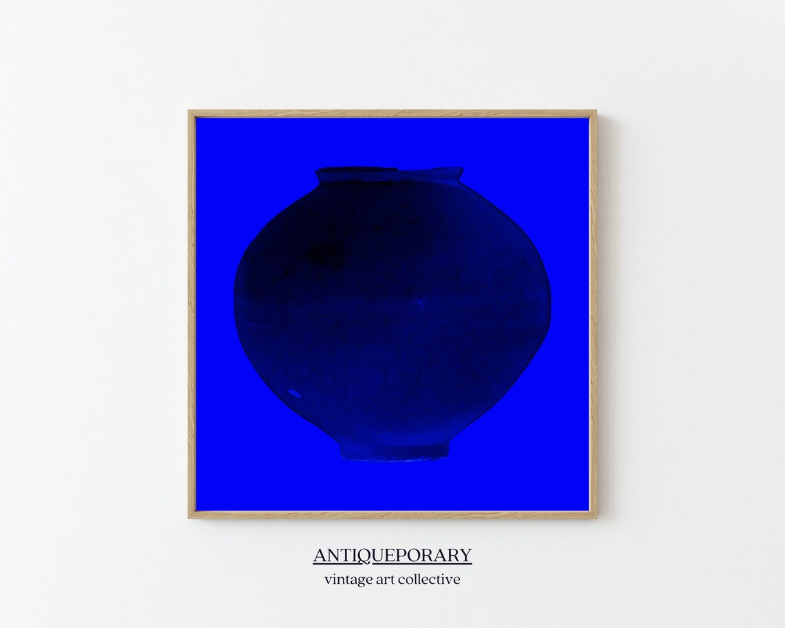 Cobalt Blue Ceramic Moon Jar Vase on Bold Blue Minimalist Art Poster