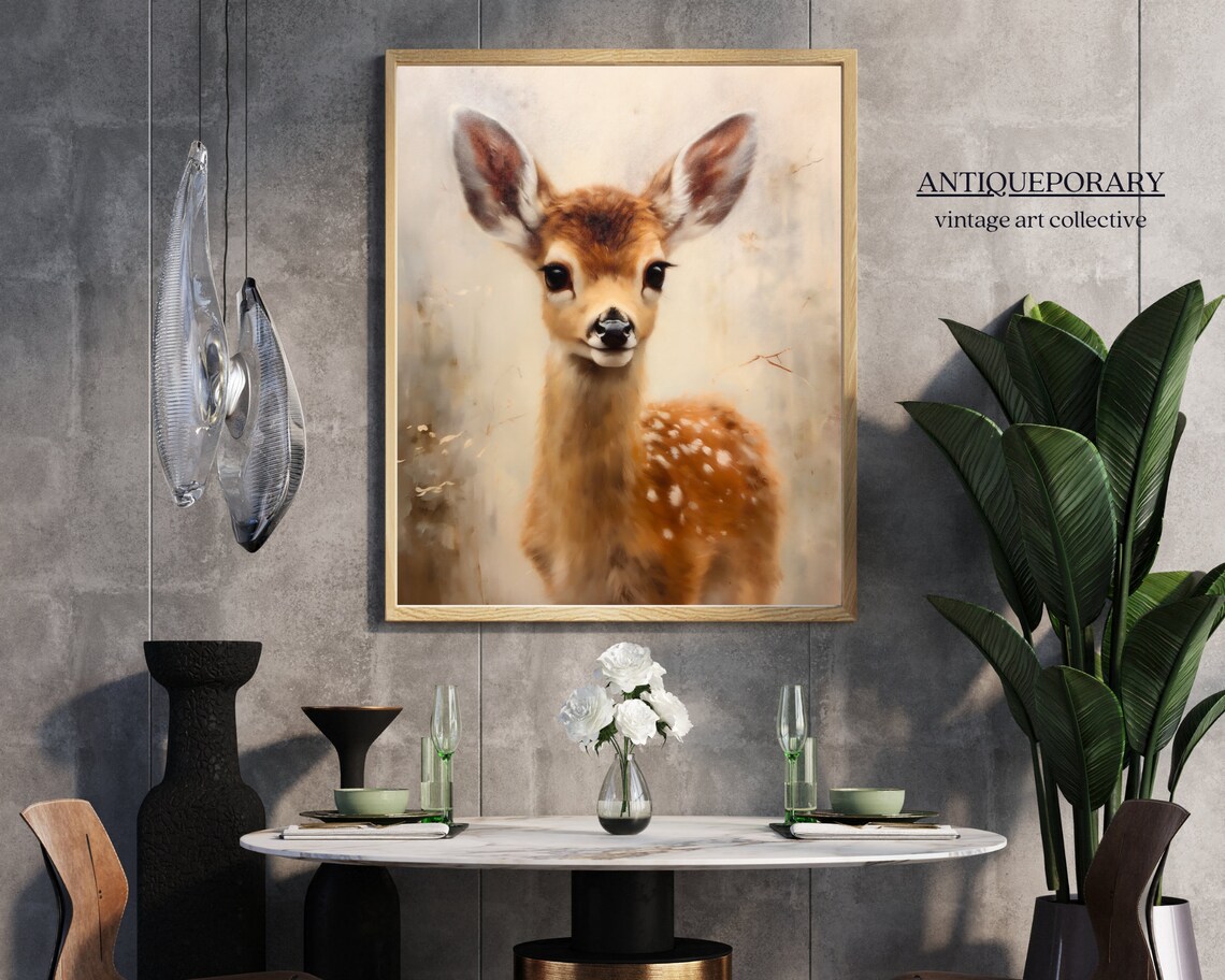 Baby Deer Fawn Portrait Soft Neutral Vintage Wildlife Painting Poster - Image 6