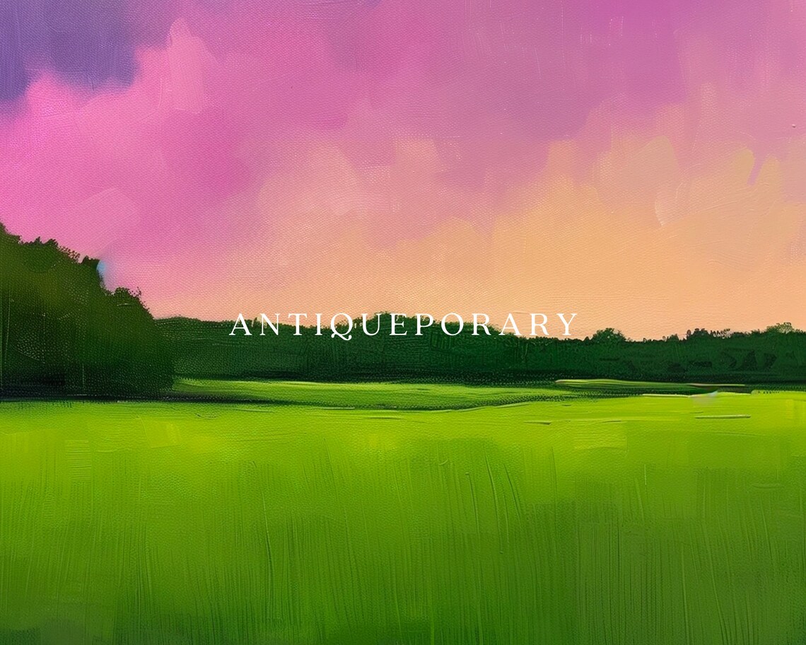 Abstract Green Meadow Sunset Sky Purple Modern Landscape Poster - Image 2