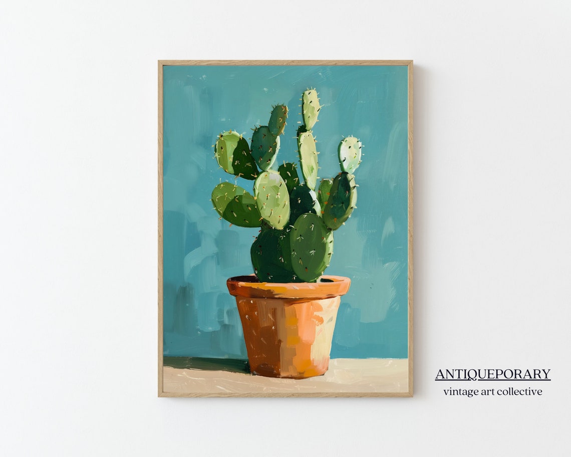 Potted Prickly Pear Cactus Terracotta Teal Abstract Wall Poster