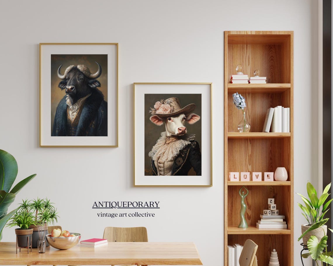 Majestic Buffalo in Navy Fur Coat Victorian Portrait Wall Art - Image 2