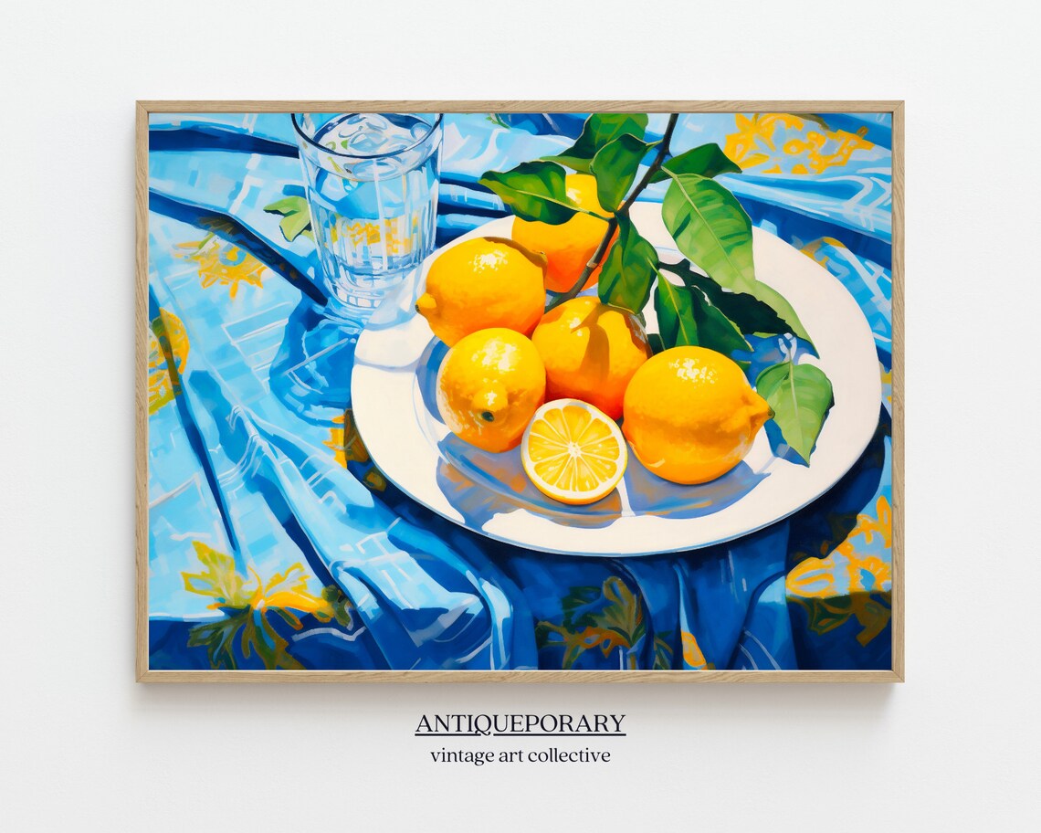 Lemon Plate Glass Water Blue Cloth Sunny Citrus Still Life Poster