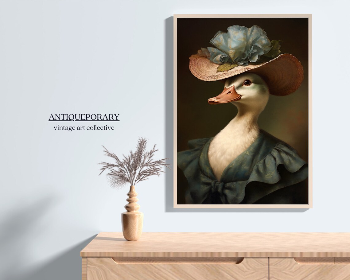 Charming Duck Lady Straw Hat Blue Bloom Oil Portrait Animal Art Poster - Image 4