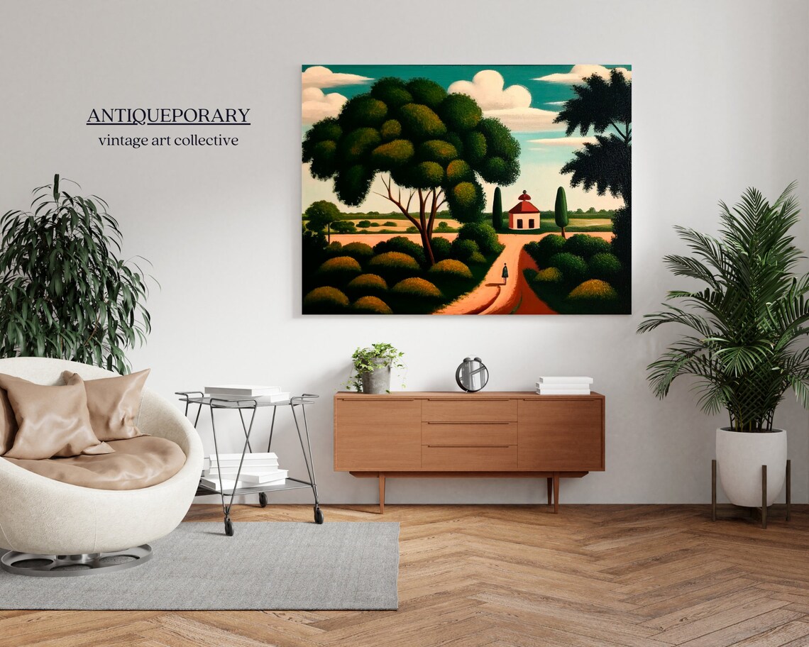 Naive Folk Landscape Chapel Road Big Tree Primitive Painting Poster - Image 7