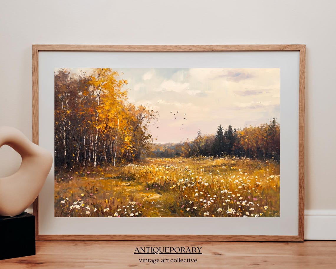 Autumn Wildflower Field Landscape Painting Vintage Fall Country Field Print Moody Oil Painting Wall Art Print Nature - Image 5