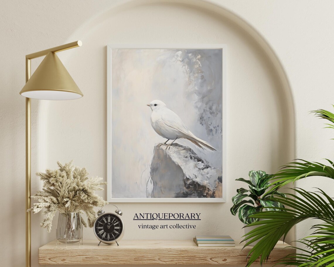 White Bird on Rock Muted Minimalist Vintage Bird Painting Poster - Image 6
