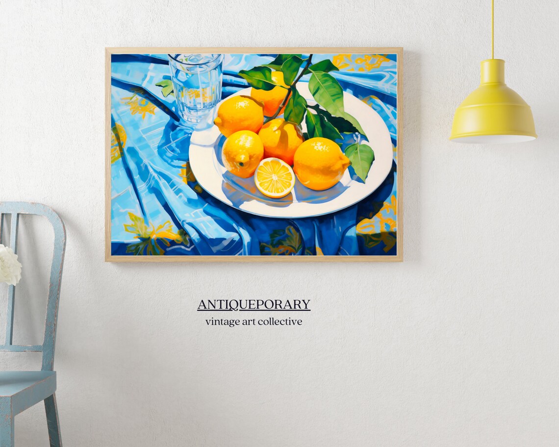 Lemon Plate Glass Water Blue Cloth Sunny Citrus Still Life Poster - Image 7