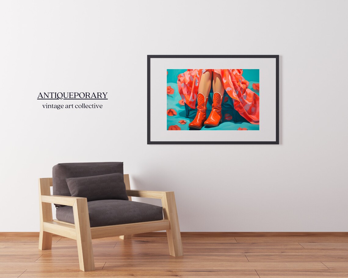 Red Cowboy Boots Painting Floral Dress Modern Fashion Art Poster - Image 4