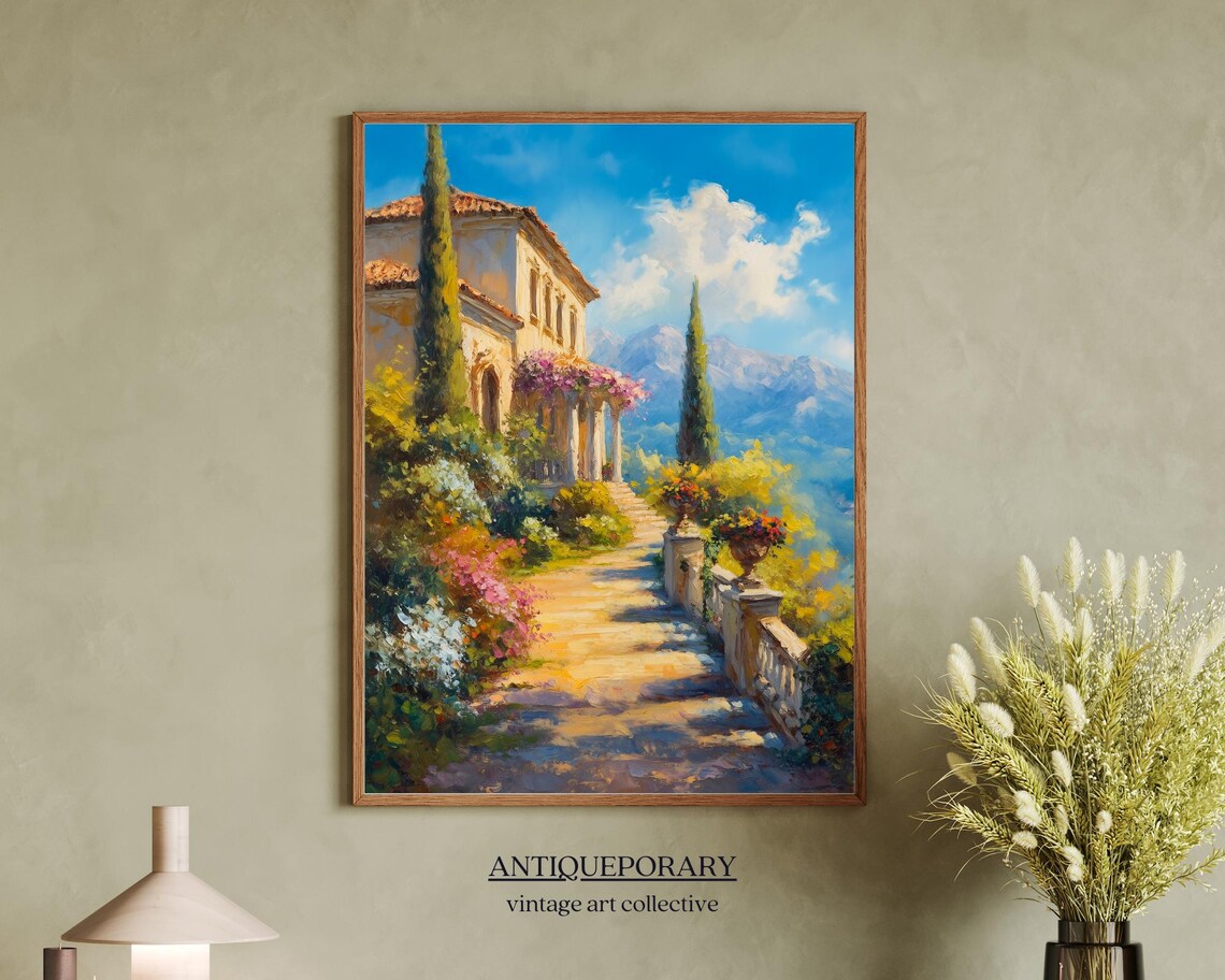 European Villa Terrace Cypress Garden Sunny Oil Painting Poster - Image 7