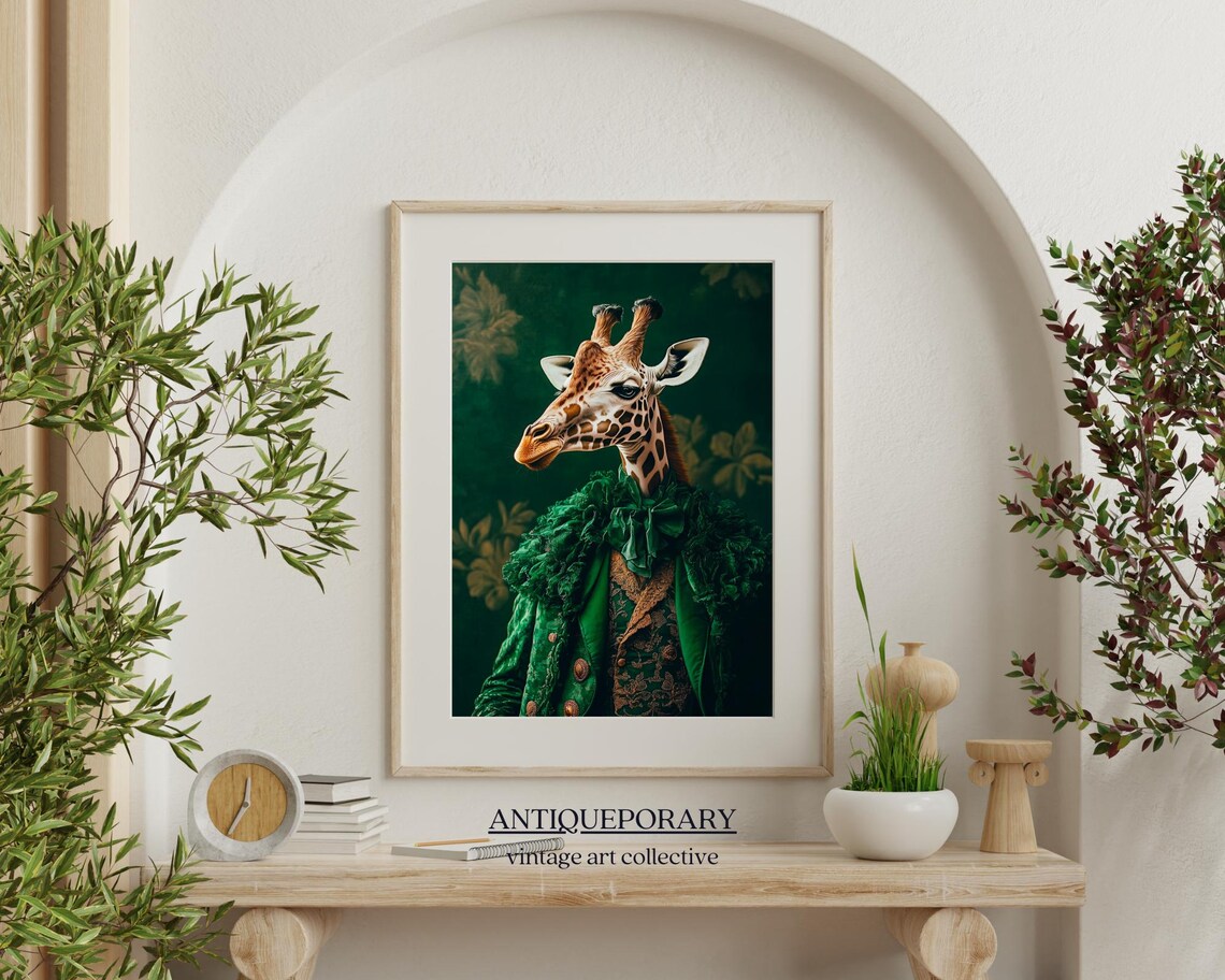 Giraffe Emerald Green Velvet Coat Regal Animal Portrait Poster - Image 4
