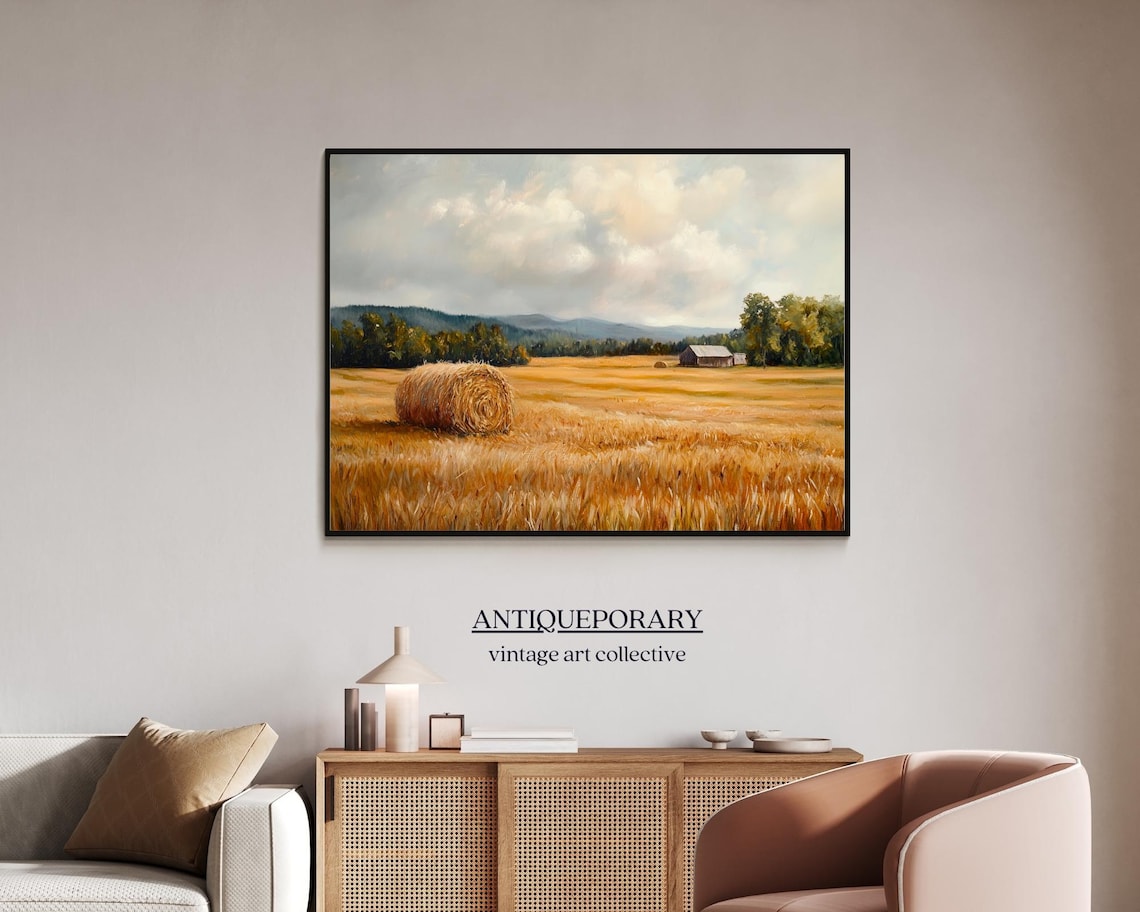 Golden Hay Field Round Bale Barn Farmhouse Rustic Oil Painting Poster - Image 7