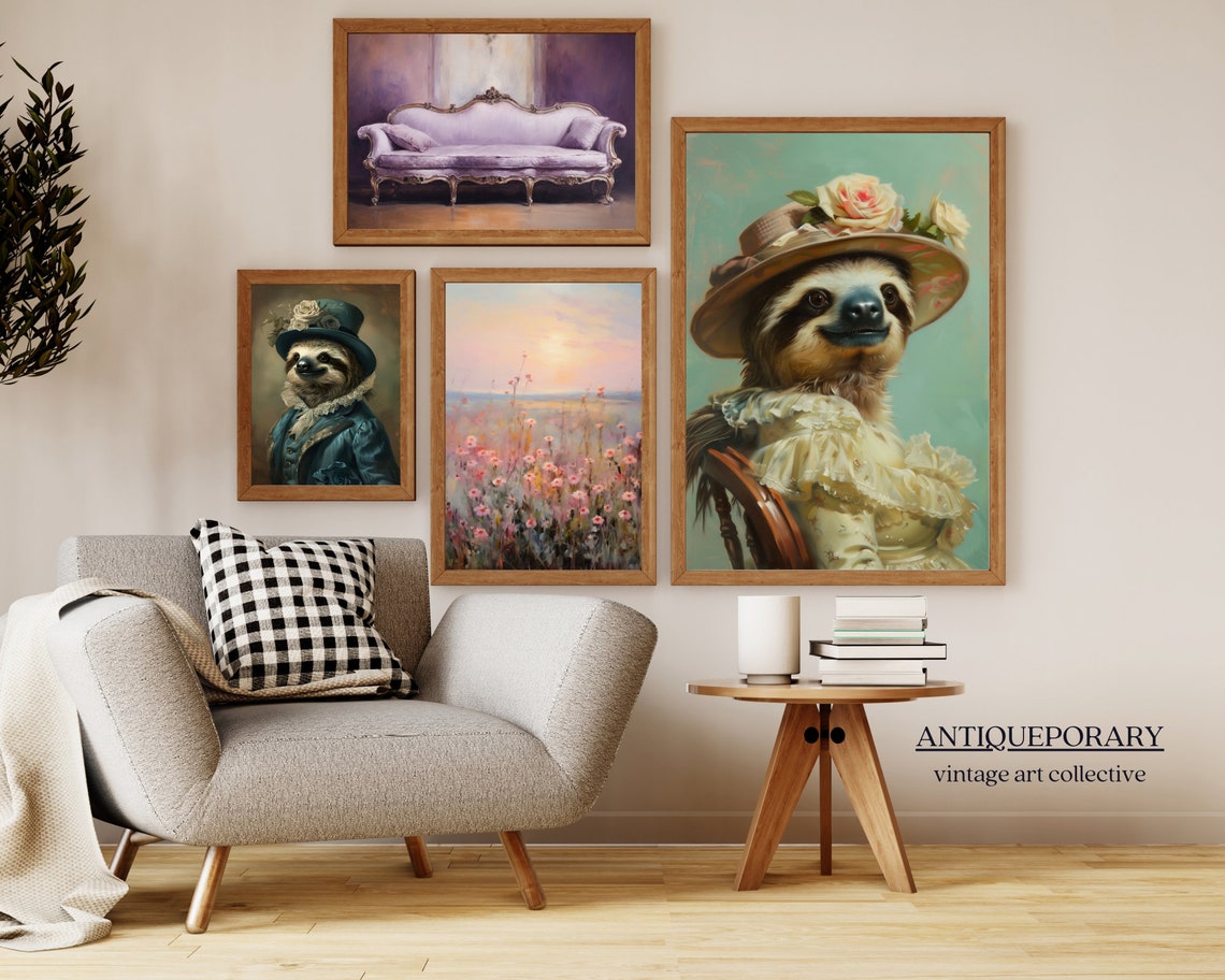 Sloth Lady in a Floral Hat and Ruffled Cream Victorian Dress Poster - Image 4