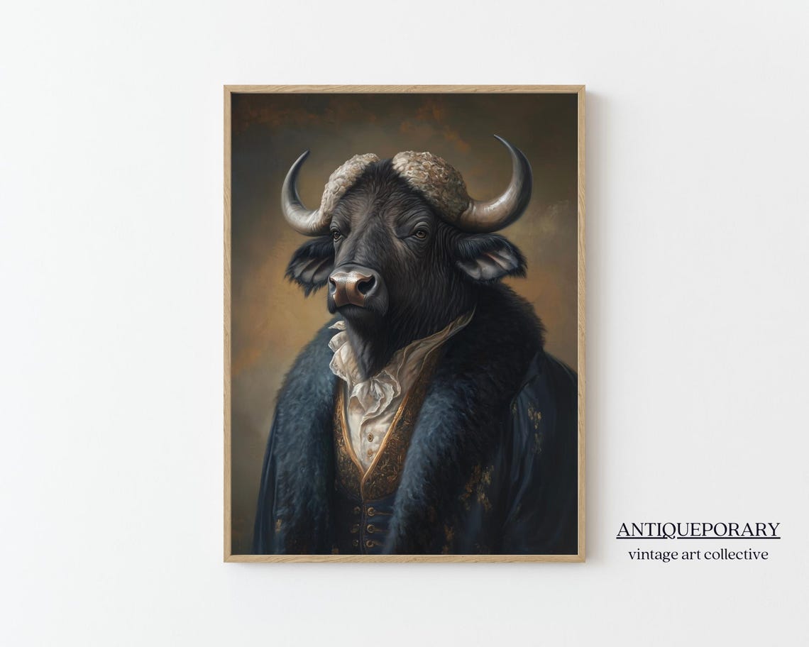 Majestic Buffalo in Navy Fur Coat Victorian Portrait Wall Art