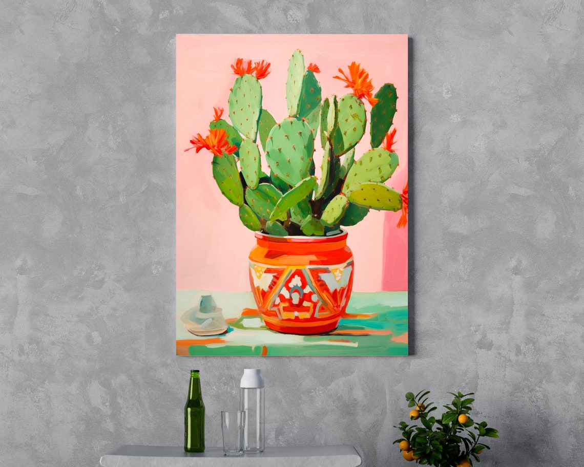 Blooming Prickly Pear Cactus in Patterned Orange Pot Pink Poster - Image 5