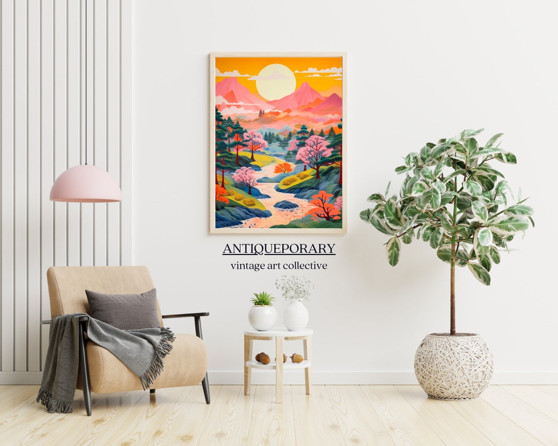Japanese Sunset Mountain Cherry Blossom River Landscape Poster - Image 7