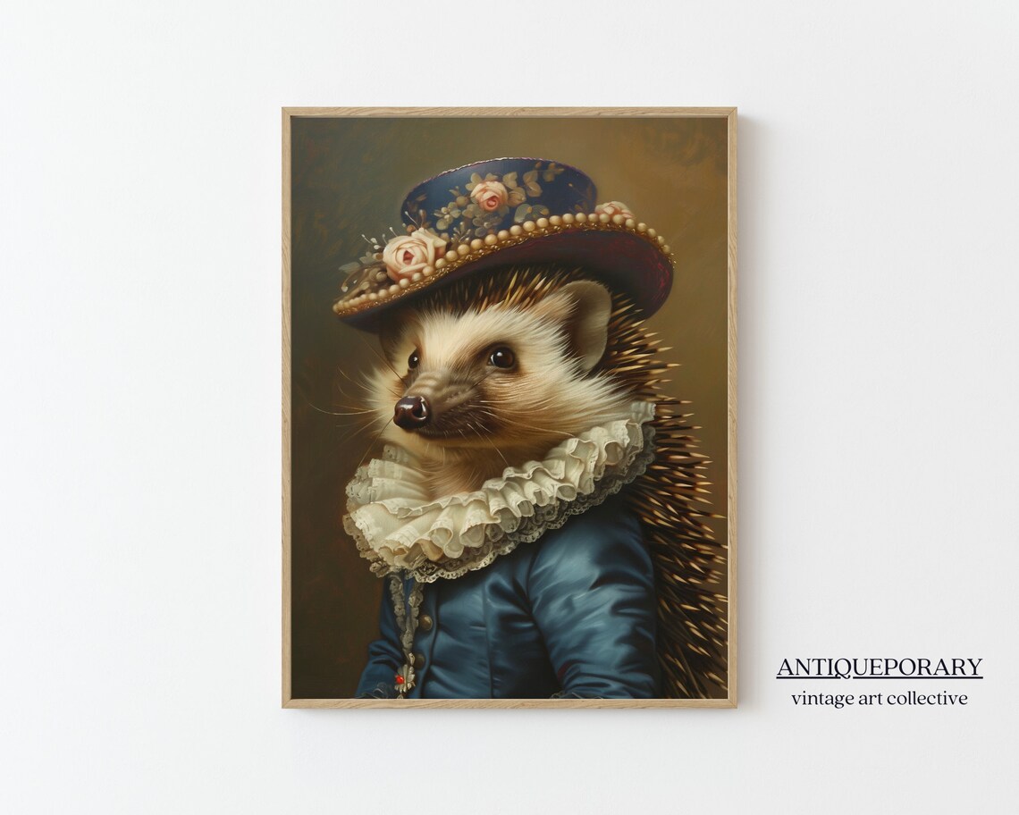 Lady Hedgehog Portrait Floral Hat Lace Ruff Victorian Painting Poster
