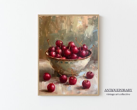 Country Kitchen Print Rustic Cherry Still Life Print Vintage French Still Life Oil Painting Neutral Wall Decor