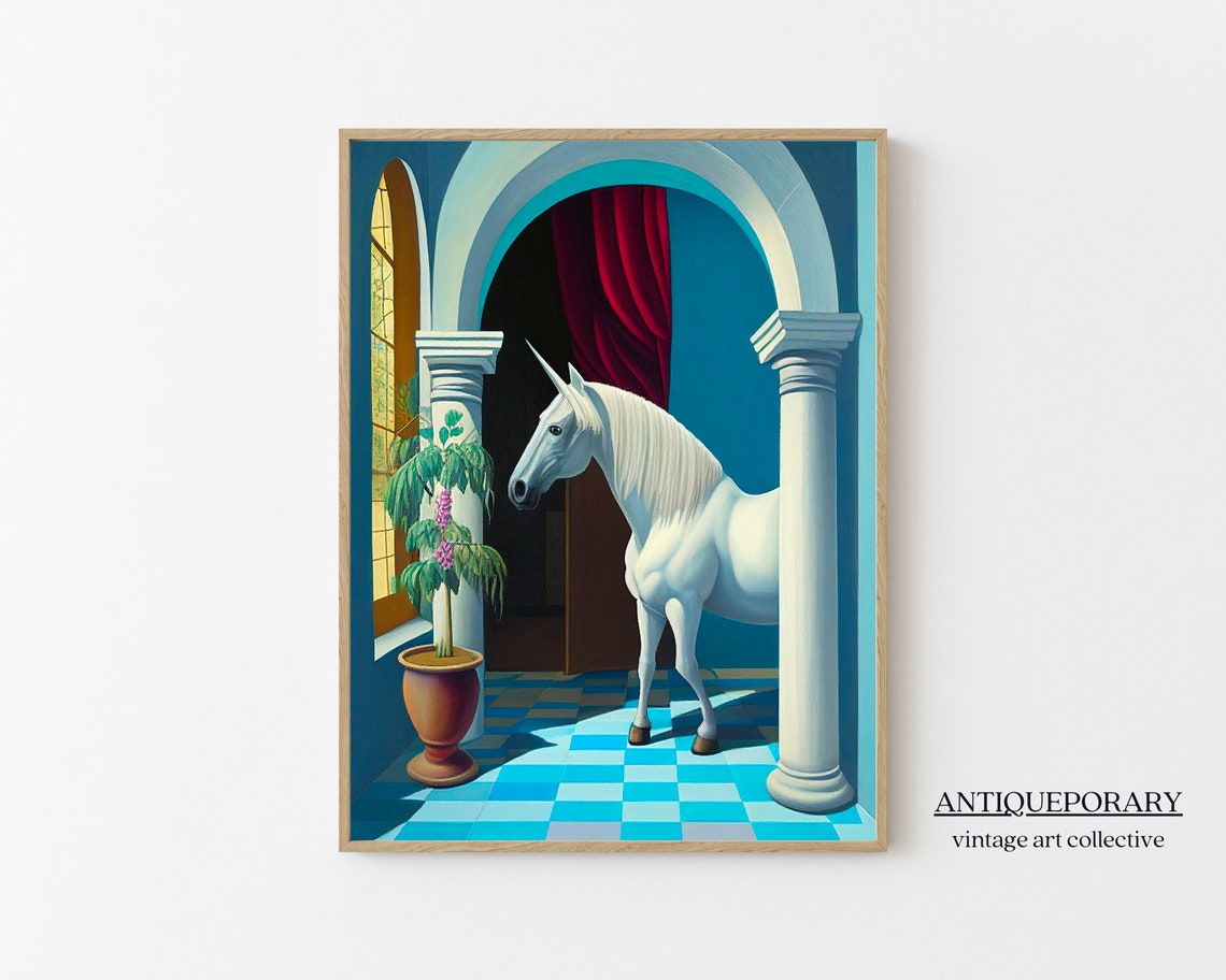 Whimsical White Unicorn in Classical Arched Blue Hallway Poster