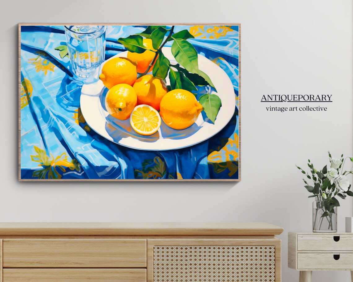 Lemon Plate Glass Water Blue Cloth Sunny Citrus Still Life Poster - Image 6