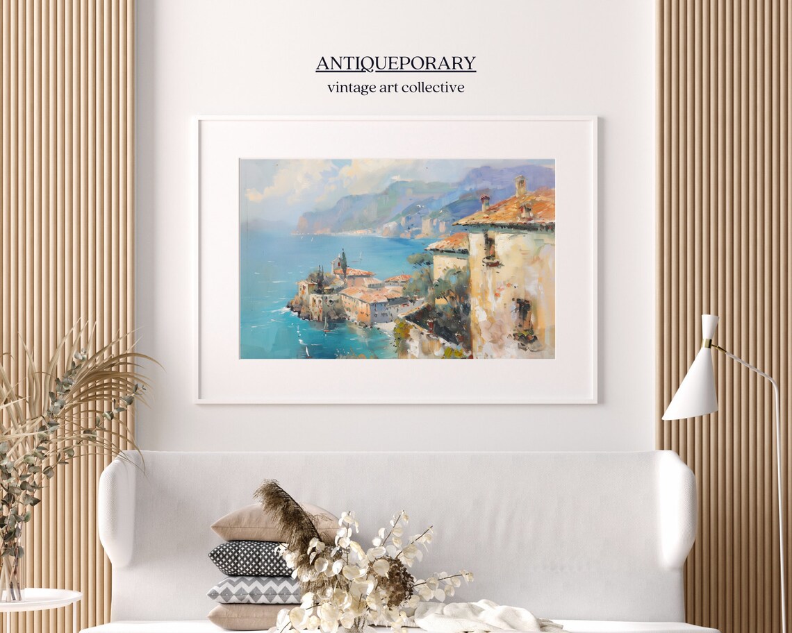 Mediterranean Coastal Village Cliffs Turquoise Sea Oil Painting Poster - Image 6