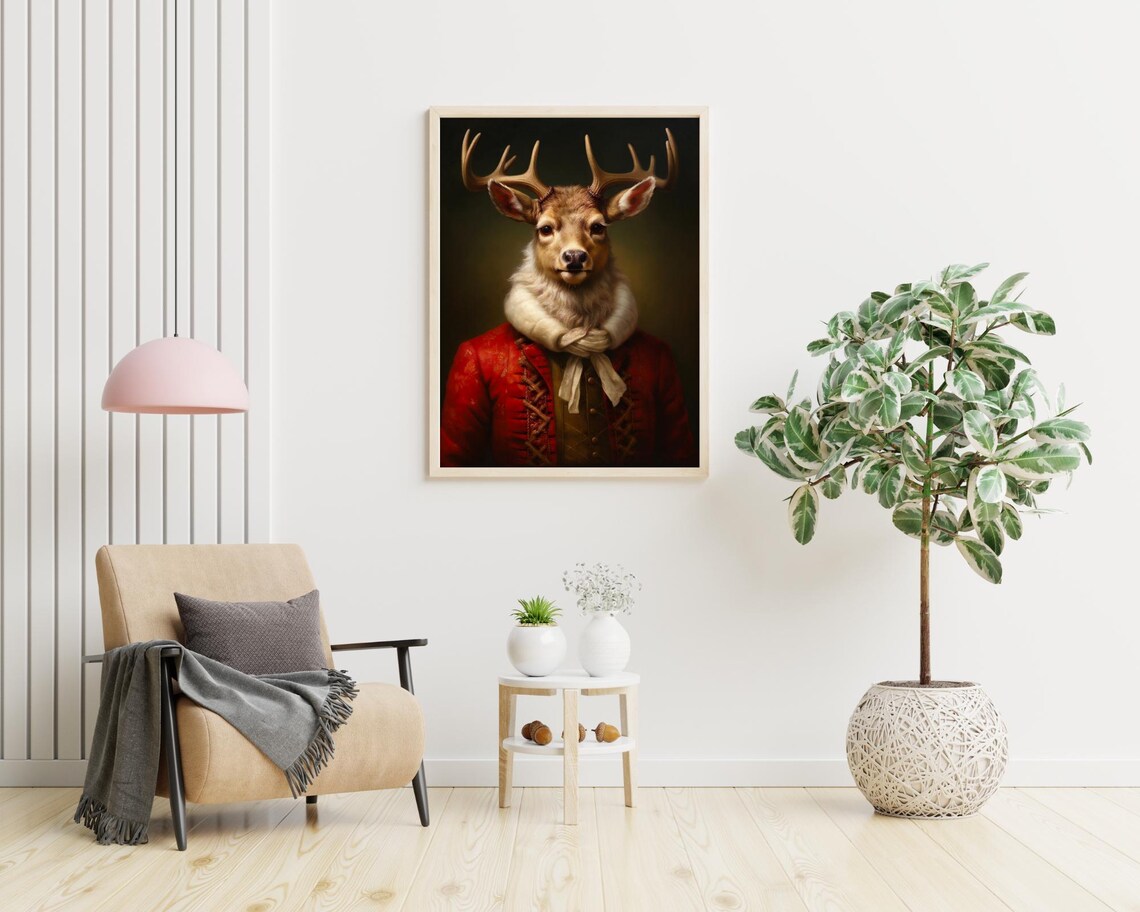 Royal Stag Antlers Red Brocade Victorian Coat Portrait Poster - Image 4