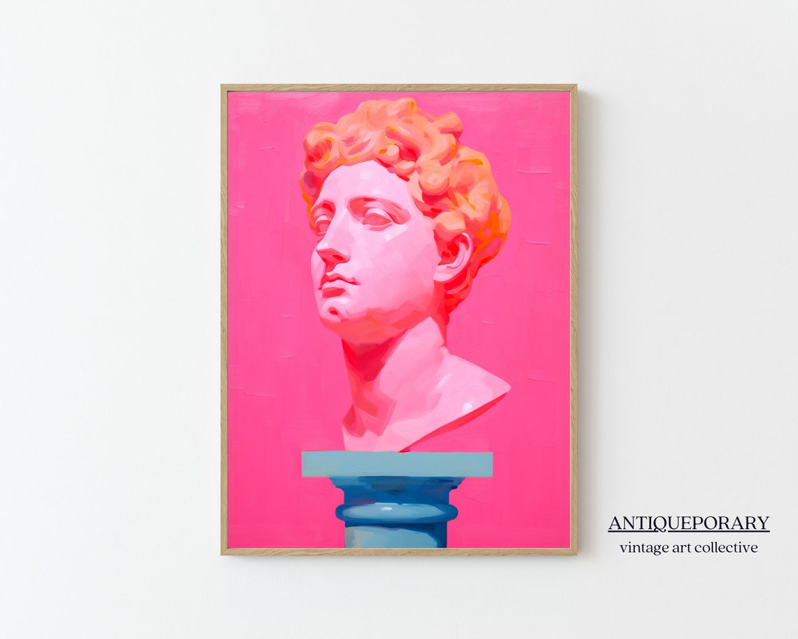 Pink Greek Bust Statue Painting Hot Pink Background Modern Art Poster