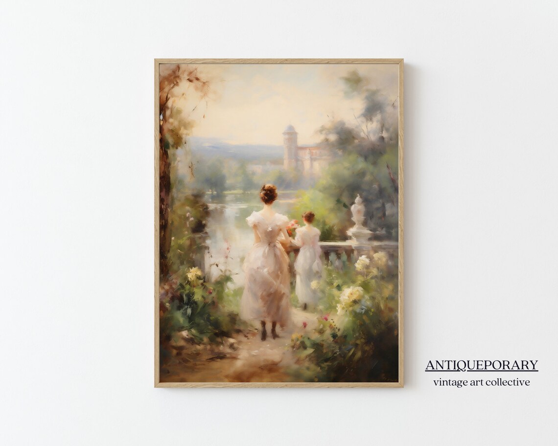 Mother Child Garden Lake View Vintage European Painting Poster