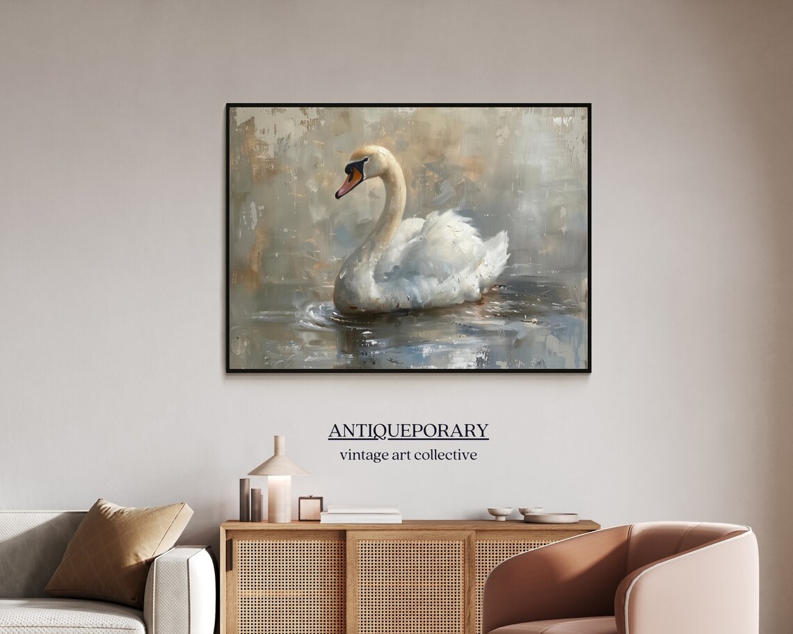 Graceful White Swan Calm Water Abstract Neutral Bird Painting Poster - Image 4