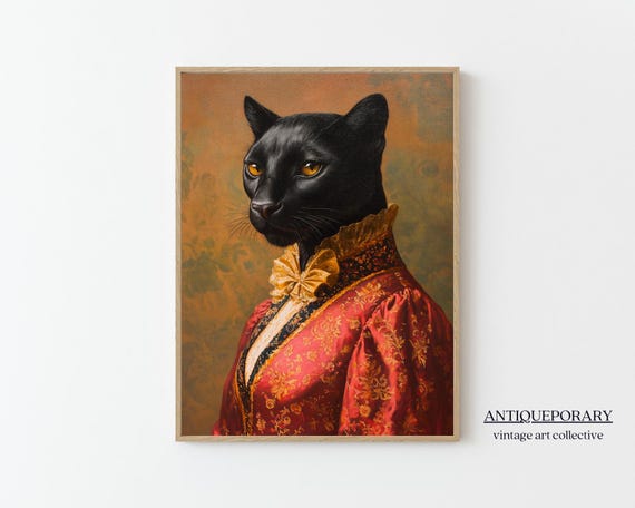 Vintage Royal Animal Portrait Victorian Animal Painting Dressed Black Panther Art Print Renaissance Animal Animal Lover Gift