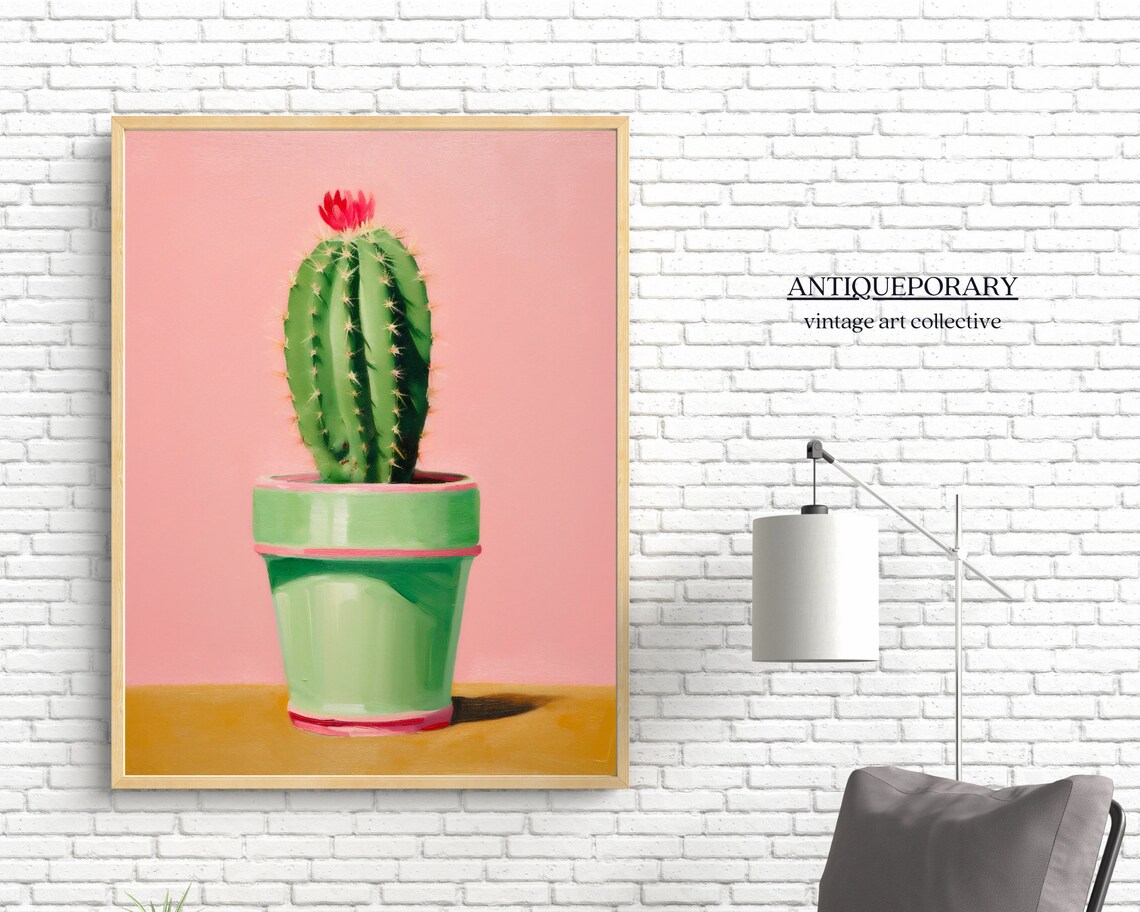 Minimalist Green Cactus Pink Background Modern Pop Art Poster - Image 3