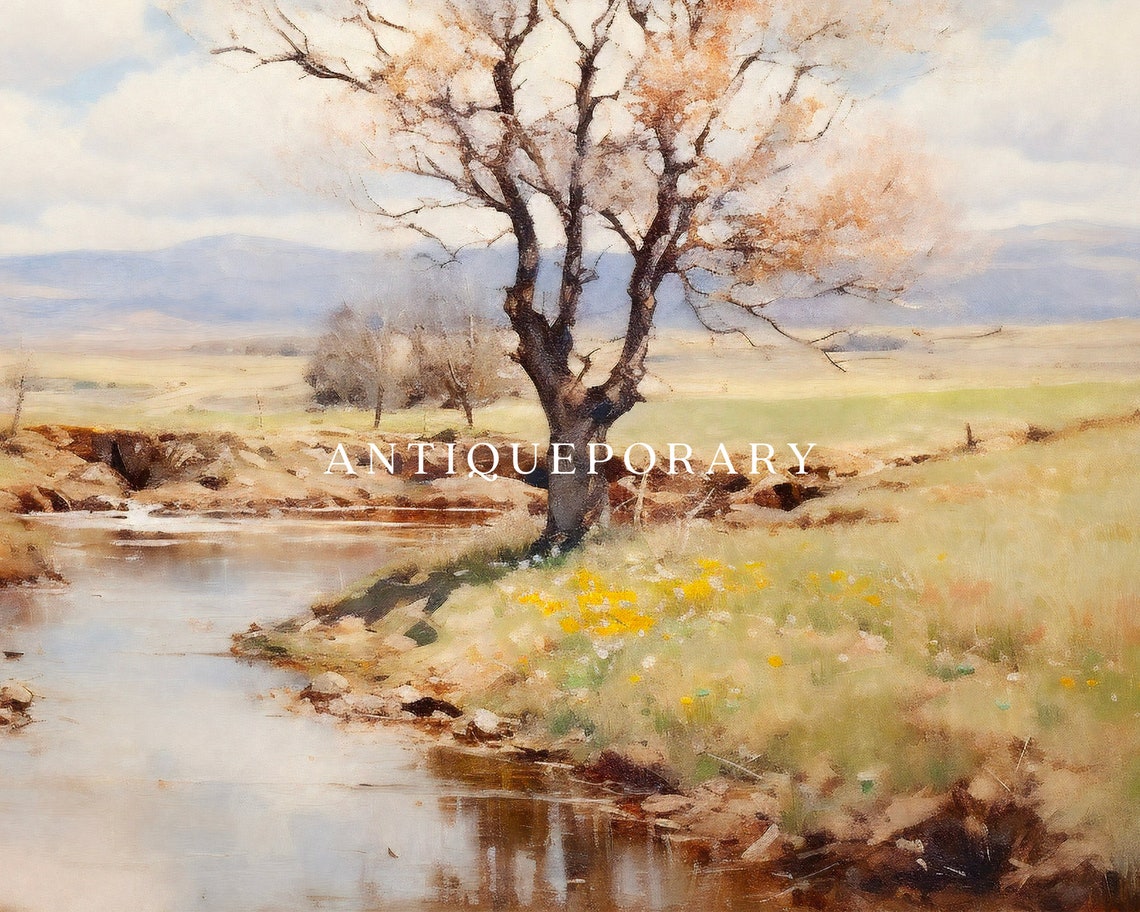Spring River Meadow Landscape with Golden Tree Pastoral Oil Poster - Image 2