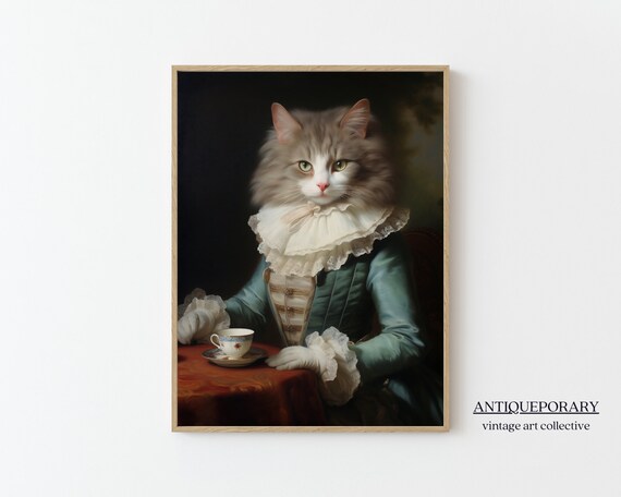 Royal Lady Cat Blue Dress Tea Cup Victorian Portrait Vintage Poster