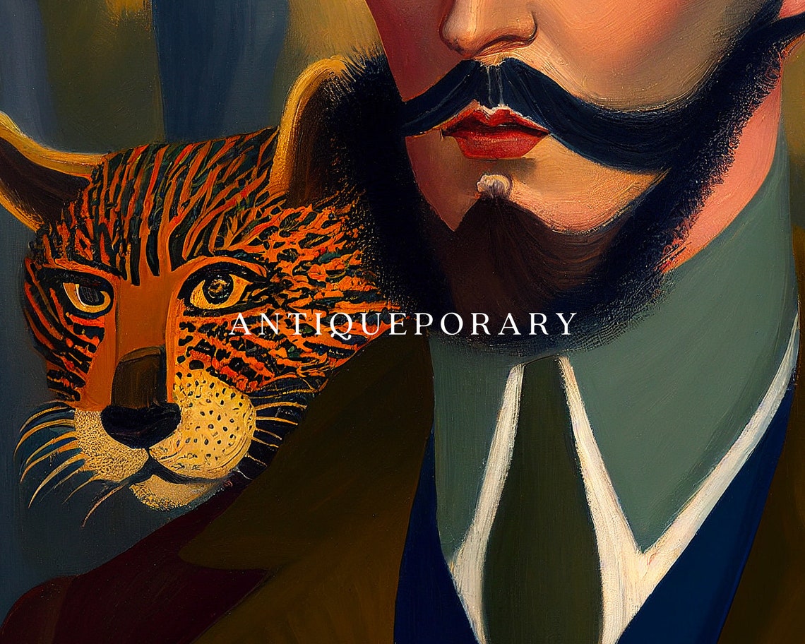 Gentleman with Leopard Vintage Mustache Portrait Stylized Oil Poster - Image 2