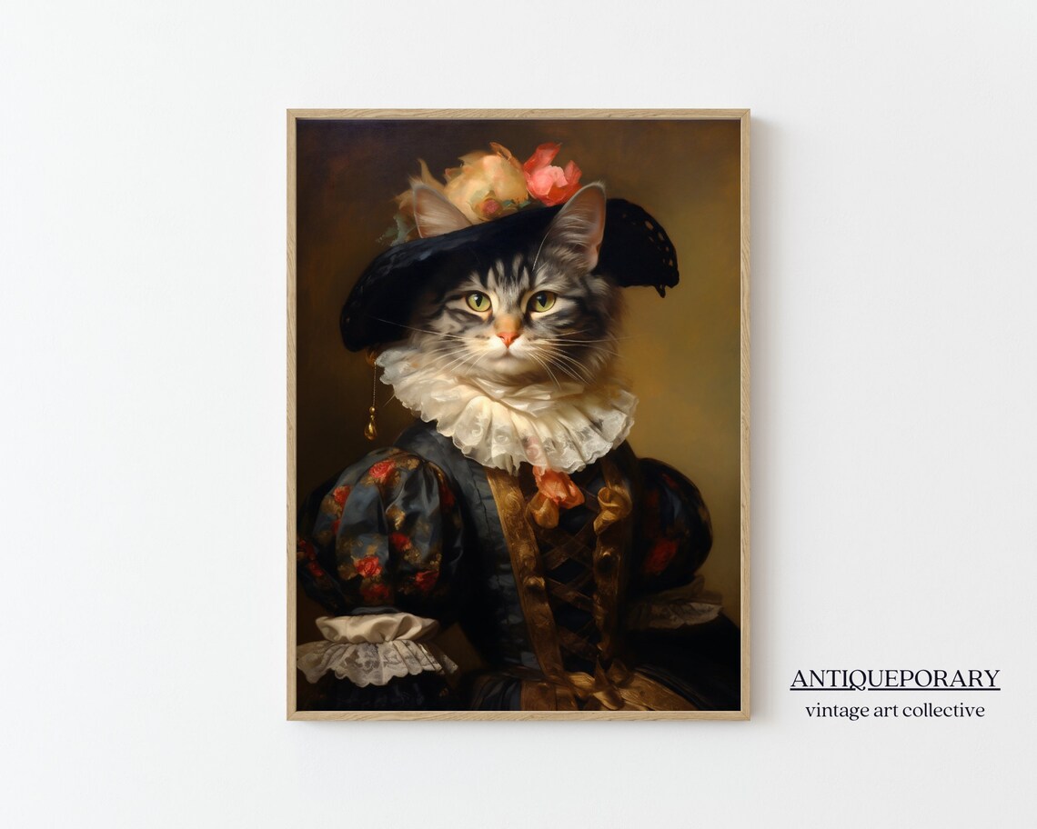 Lady Cat in Black Rose Hat Floral Victorian Gown Portrait Poster