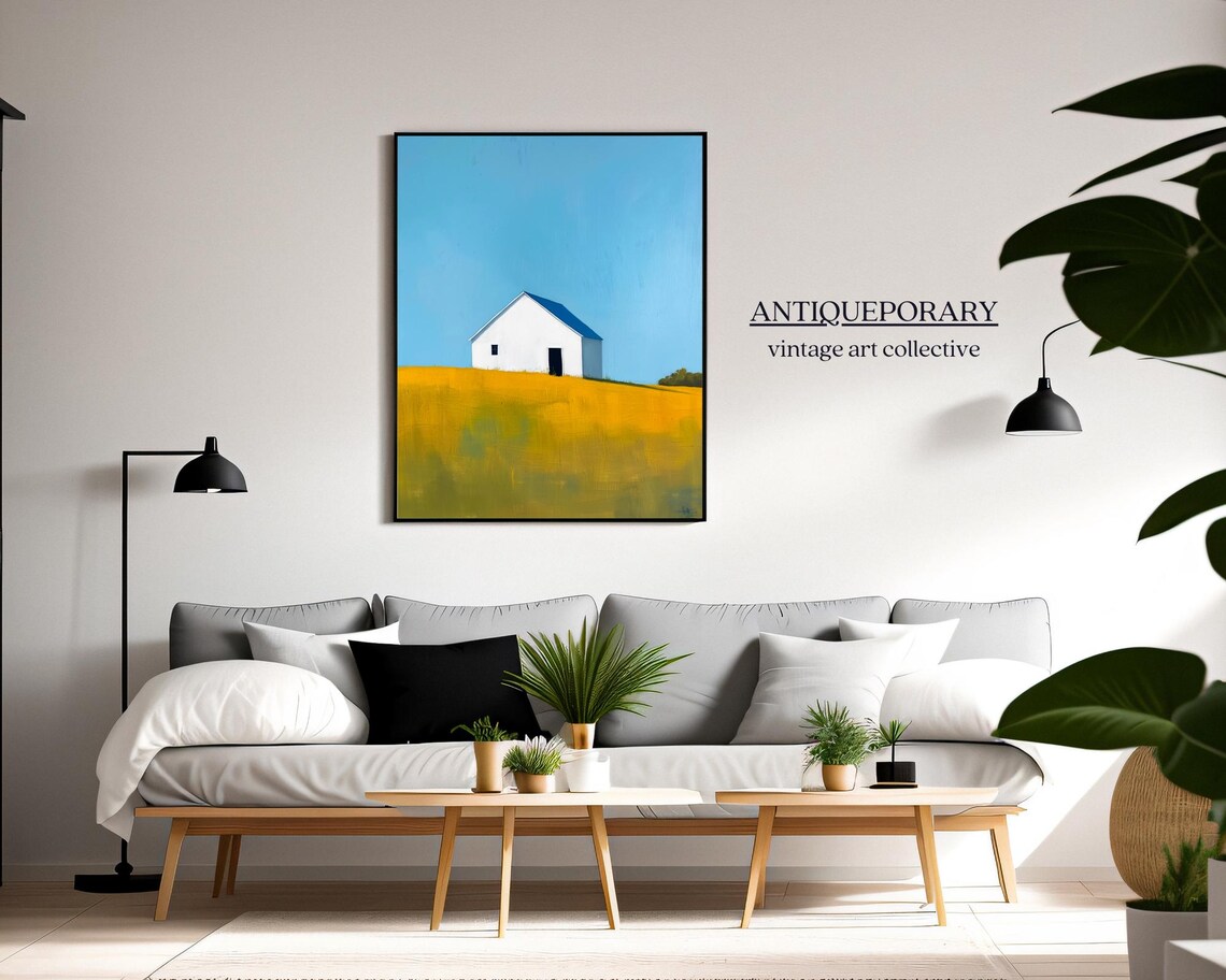 White Barn Golden Yellow Field Bright Blue Sky Modern Landscape Poster - Image 5