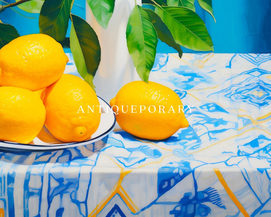 Lemon Branch Vase Plate Blue Cloth Bright Citrus Still Life Poster - Image 2
