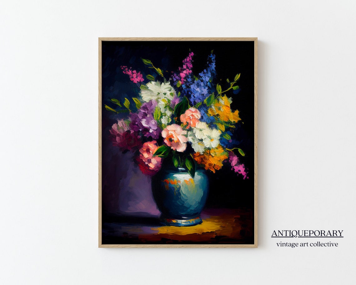 Lush Colorful Bouquet in Teal Ceramic Vase Dark Background Print